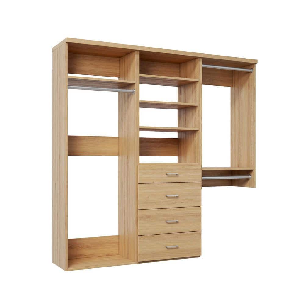 76.5 in. W Natural Oak Reach-in Wall-Mount 3-Rod 4-Slab-Drawers 5-Shelf Wood Closet System