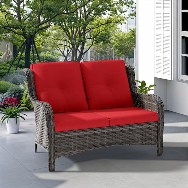 JOYSIDE Brown Wicker Outdoor Patio Loveseat with Red Cushions