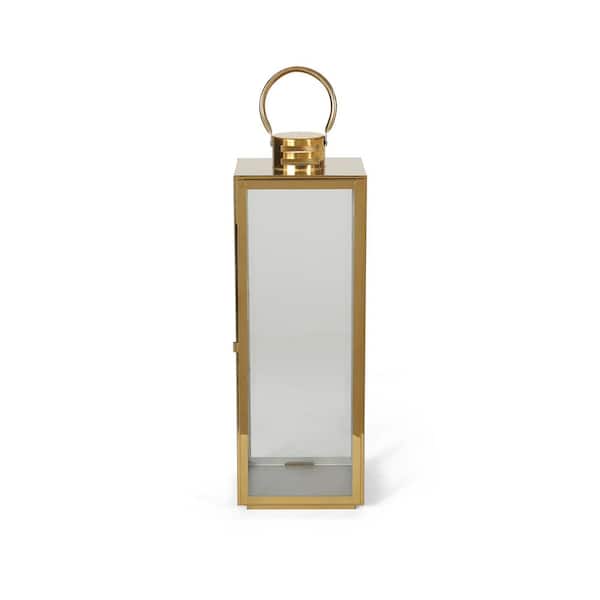 Noble House Hawkeye Gold Candle 23.75 in. Stainless Steel Lantern