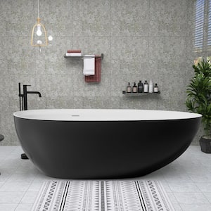 71 in. x 35.4 in. Stone Resin Solid Surface Freestanding Soaking Bathtub with Center Drain in Black Outside White Inside