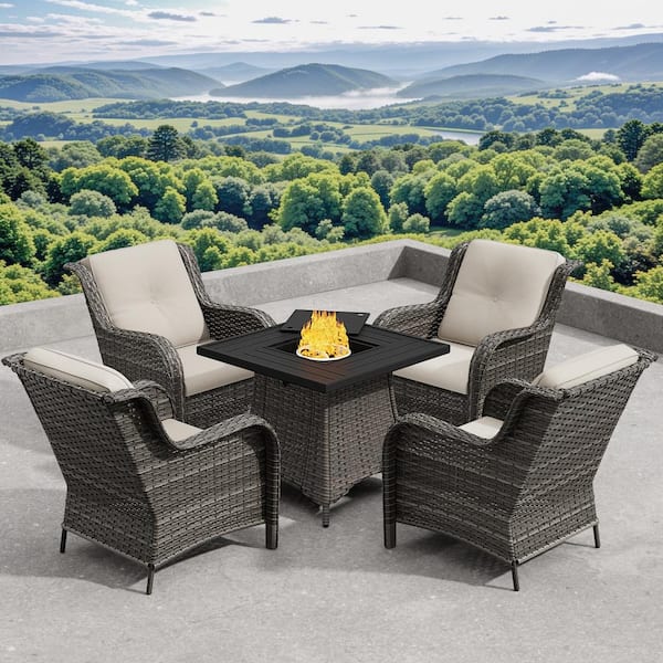 Gardenbee 5-Piece Patio Wicker Outdoor Lounge Chair Set with Beige Cushions and Rectangular Fire Pit Table