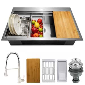 Handmade All-in-One Drop-in Stainless Steel 30 in. x 22 in. Single Bowl Workstation Kitchen Sink with Spring Neck Faucet