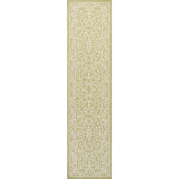 Charleston Vintage Filigree Textured Weave Green/Cream 2 ft. x 10 ft. Indoor/Outdoor Runner Rug