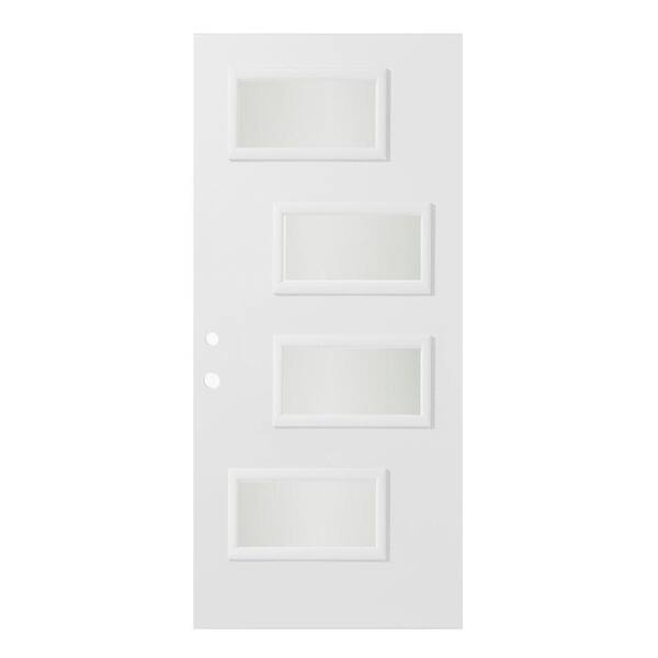 Stanley Doors 32 in. x 80 in. Beatrice Satin Opaque 4 Lite Painted White Right-Hand Inswing Steel Prehung Front Door