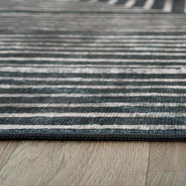 Distressed Bohemian Stripes Washable Non Slip Anthracite 8 ft. x 10 ft. Area Rug