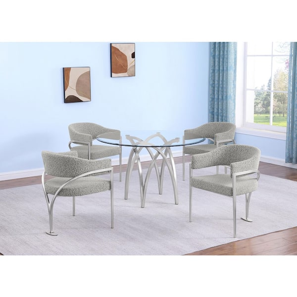 Best Quality Furniture Bayton 5-Piece Clear Tempered Glass Top Brushed Matte Chrome-Plated Base Dining Set With 4-Rich Grey Color Chairs