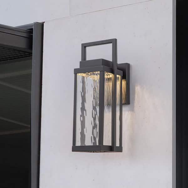 Barry 1-Light Black Outdoor Hardwired Lantern Sconce with 3000K Wall Ripple Glass Integrated LED