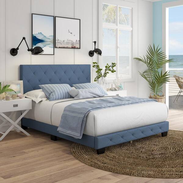 Restrite Charlotte Blue Linen Queen, Blackstone Upholstered Square Stitched Platform Bed Gray Queen