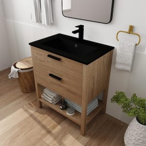 PLAIN 30 in. W x 18.3 in. D x 33.75 in. H Single Sink Freestanding Bath Vanity in Light Oak with Black Ceramic Sink Top