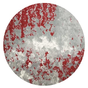 Twilight Grey/Red 8 ft. x 8 ft. Abstract Contemporary Round Area Rug