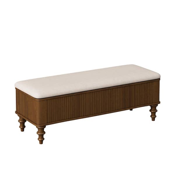Jake Walnut Linen Fabric Upholstered Rectangle Storage Ottoman Bench with Solid Wood Legs