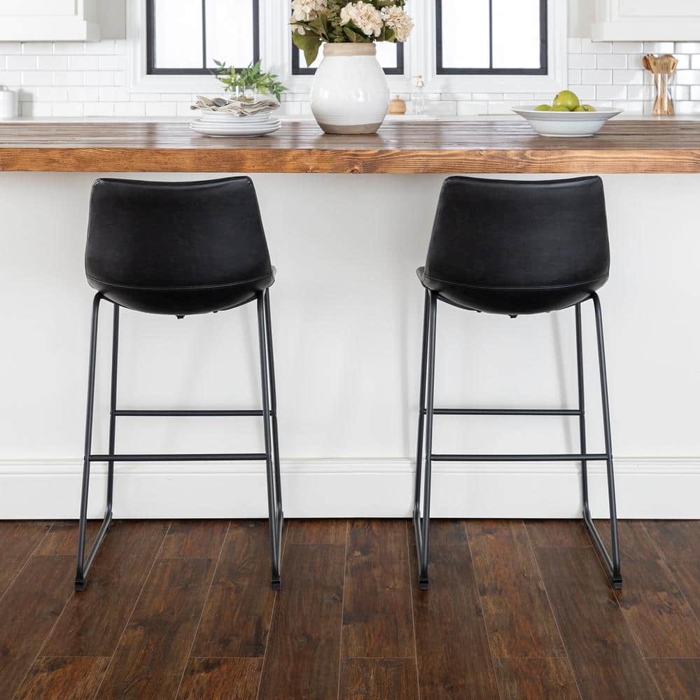 Modern Sleek Black Faux Leather Barstools with Powder-Coated Steel Legs