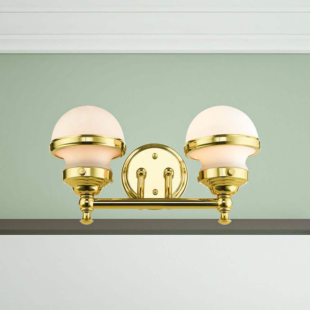 Oldwick Polished Brass 2-Light Vanity Sconce with Satin Opal White Glass