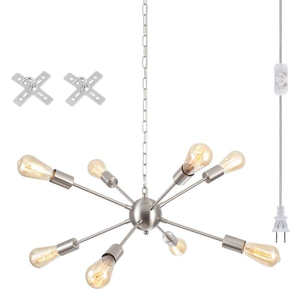 8-Light Nickel Dimmable Plug in Sputnik Chandelier with Cord and ON/OFF Switch for Living Room with No Bulbs Included
