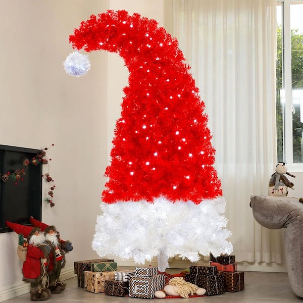 Red 6 ft. Artificial Christmas Tree with LED Light, Santa's Hat Shape Artificial Whimsical Xmas Tree with 1050 Tip