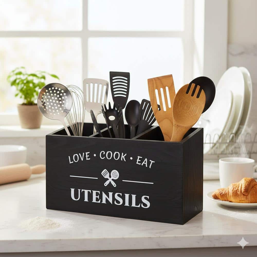 Untensil Box Lynzavix Rustic Wood Kitchen Utensil Holder with 3 Compartments ...