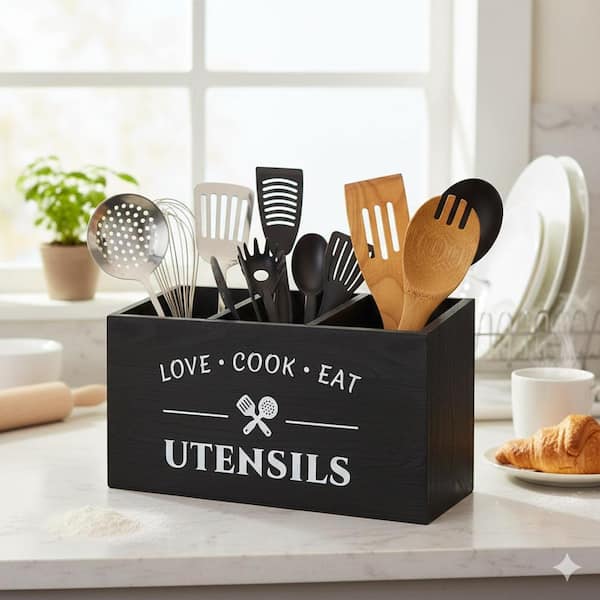 Rustic Wood Kitchen Utensil Holder with 3 Compartments Farmhouse Flatware Organizer Box Vintage Countertop Caddy