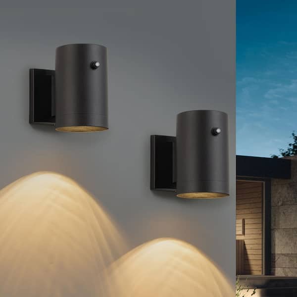 6.5 in. Black Aluminum Dusk to Dawn Cylinder Outdoor Hardwired Wall Lantern Sconce with No Bulbs Included (2-Pack)