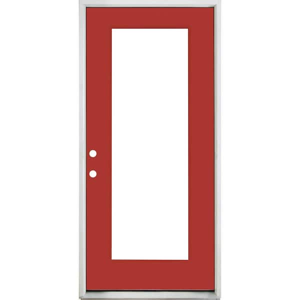 Steves & Sons Legacy 30 in. x 80 in. Full-Lite Clear Glass RHIS Primed Morocco Red Finish Fiberglass Prehung Front Door