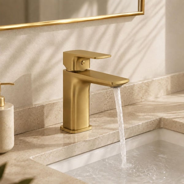 Single Handle Sink Faucet Modern Bathroom Single Hole Faucet with Pop-Up Drain in Brushed Gold
