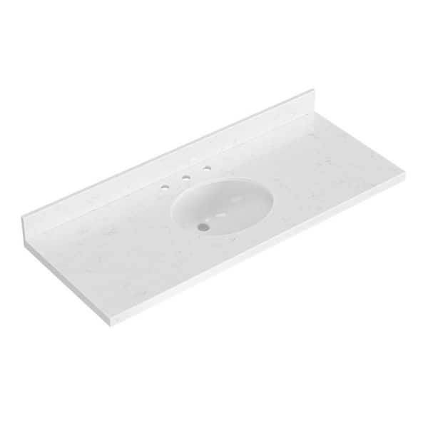 54 in. W x 22 in. D in Carrara White Quartz with 1.5 in Thick Milter Edge with Round Single Sink Vanity Top in White