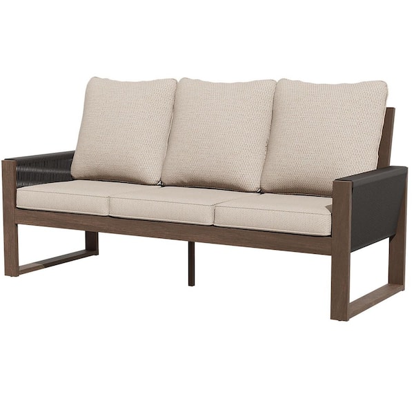 Light Walnut Wood Wicker Outdoor Couch Patio Sofa with Thicken Biege Cushions