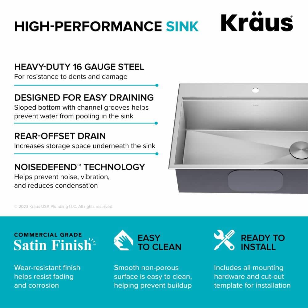 Kore 30-Inch Stainless Steel Drop-In Single Bowl Kitchen Sink