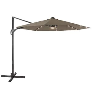 10 ft. Solar LED Taupe Cantilever Patio Umbrella with Cross Base, Outdoor Offset Hanging 360°