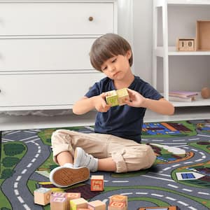 Kid's Collection Non-Slip Rubberback Educational Town Traffic Play 5x7 Area Rug, 5 ft. x 6 ft. 6 in., Green/Multicolor