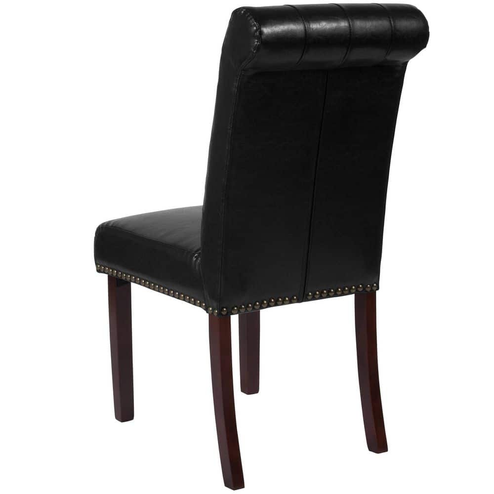 Black Leather Upholstered Parsons Side Chair with Wood Legs