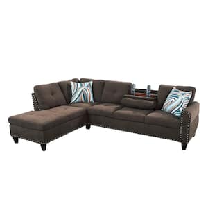 4-Seater Round Arm 2-Piece Linen L-Shaped Sectional Sofa in Brown