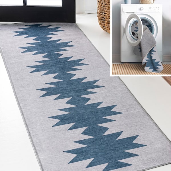Chayton Minimalist Geometric Machine-Washable Gray/Blue 2 ft. x 8 ft. Runner Rug