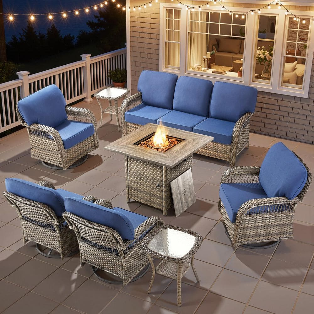 Tyber 8-Piece Gray Wicker Patio Conversation Sets Wicker Patio Fire Pit Table Sectional Seating Set with Blue Cushions price history on PriceWatchPro