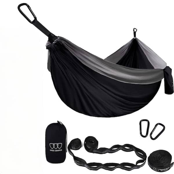 Angel Sar 10.4 ft. 2-Person Portable Camping Hammock in Black and Gray with Carabiners, Tree Straps and Storage Bag