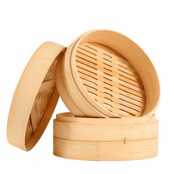 10  in. Natural Bamboo Steamer Basket Kit Extra Deep Asian Steaming Basket with Stainless Steel Ring Adapter