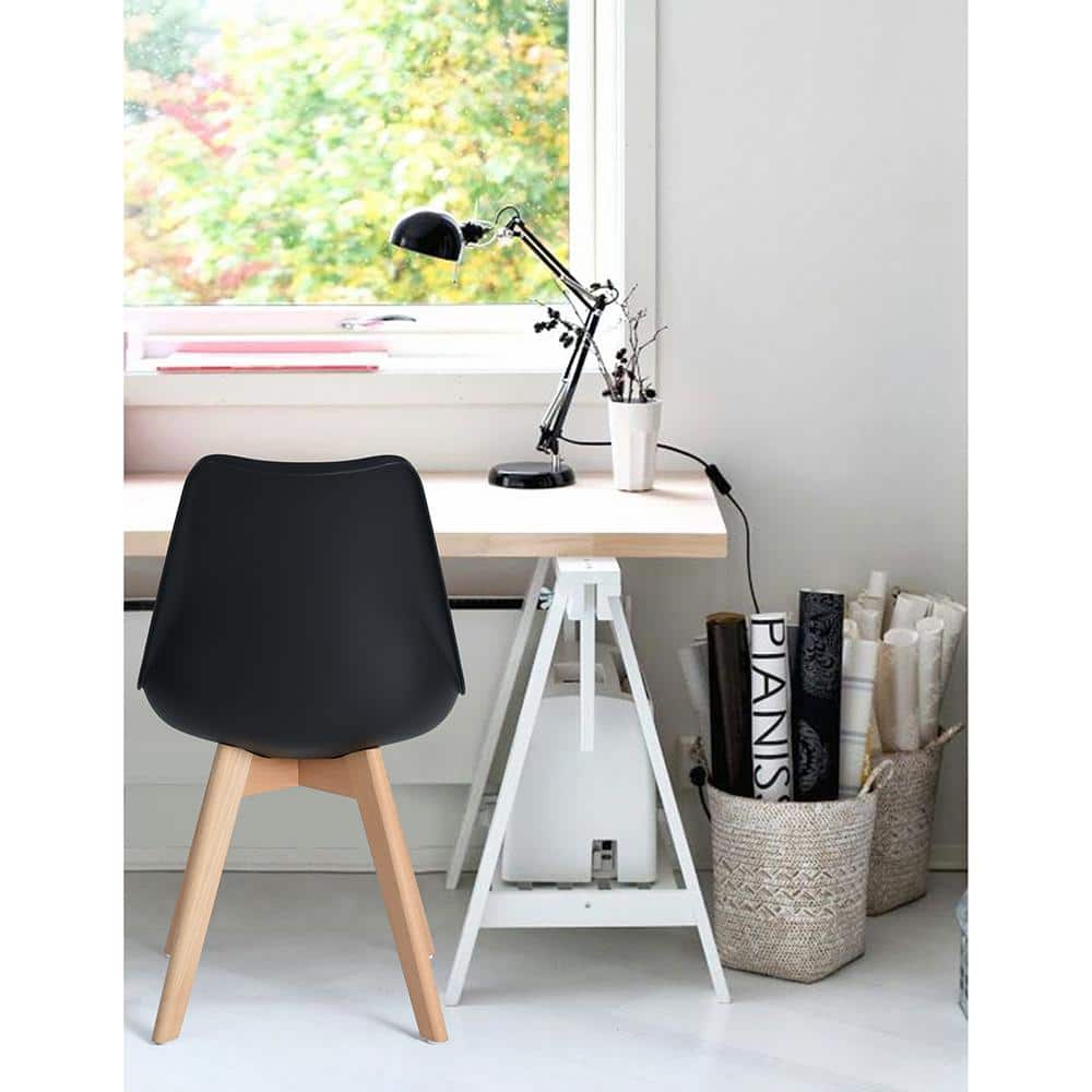 Set of 4 Black Upholstered Leather Side Chairs with Wood Legs