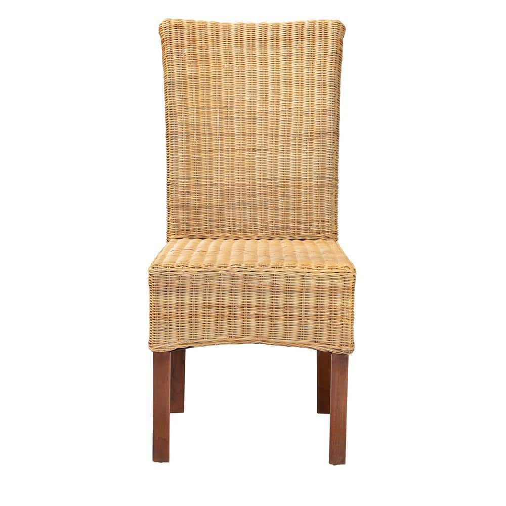 High Back Brown Rattan and Mahogany Dining Chair