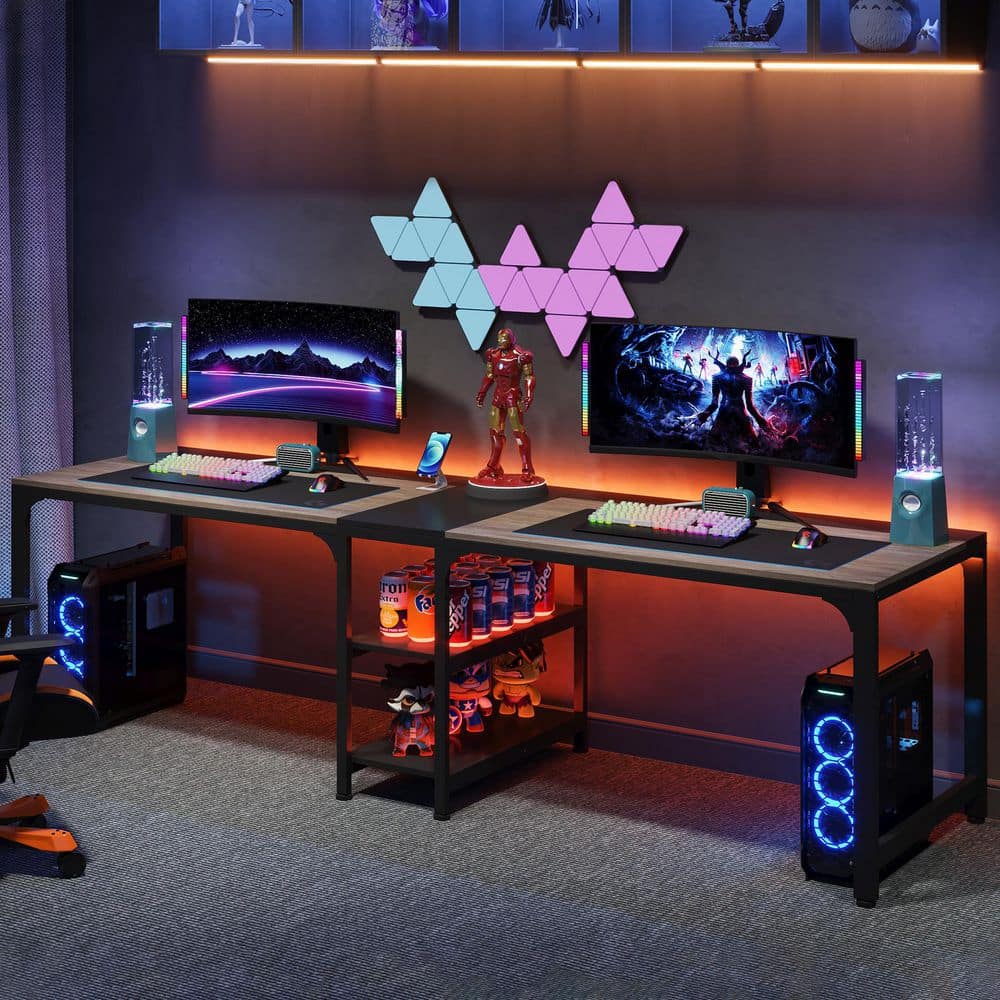 90.55 in. Rectangular Black and Gray 2 Person Desk with Storage Shelves, Double Computer Desk with Spacious Desktop