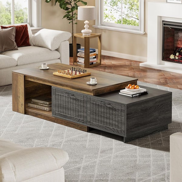 BYBLIGHT Allan 47.24 in. Brown and Gray Rectangle Expandable Tea Table, Wood Coffee Table with 2 Drawers for Living Room