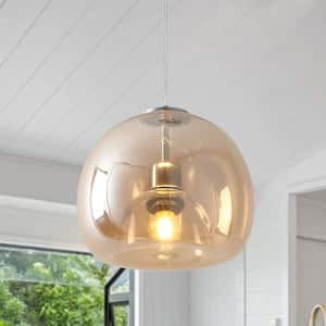 1-Light Chrome Globe Pendant Light with Amber Glass Shade, No Bulbs Included