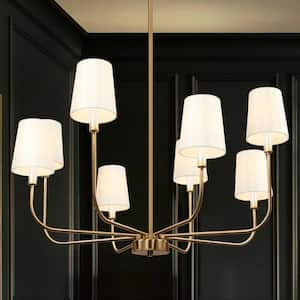 31 in. 8-Light Modern Antique Plated Brass Linear Chandelier, Farmhouse Candlestick Chandelier with Cone Fabric Shades