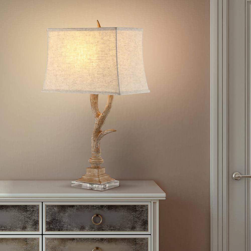Beige Faux Antler Resin Table Lamp with Linen Shade