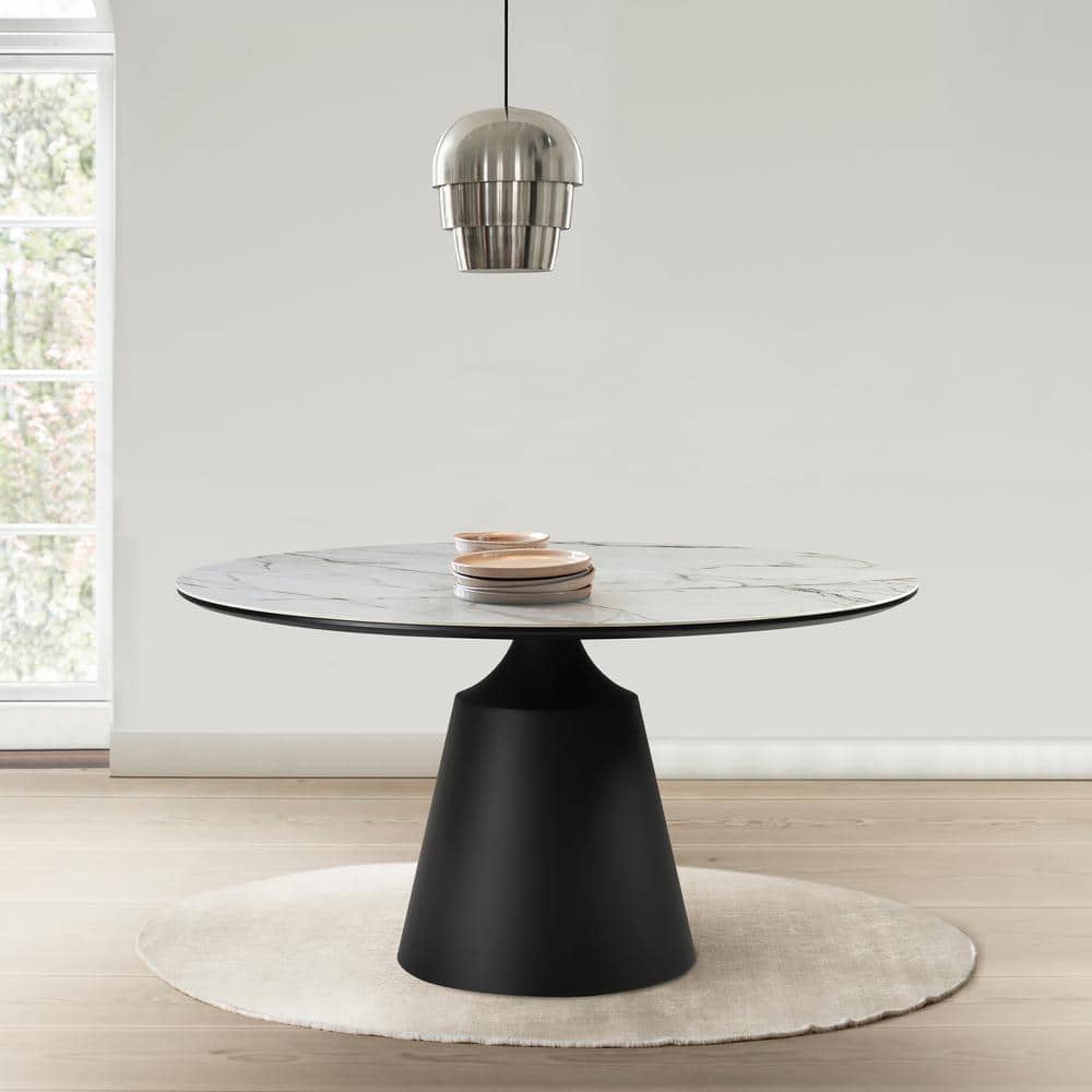 Knox Round Black Marble Top Dining Table with Pedestal Base