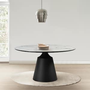 Knox Round Black Stone Top 55 in. Pedestal Leg Dining Table Seats 6