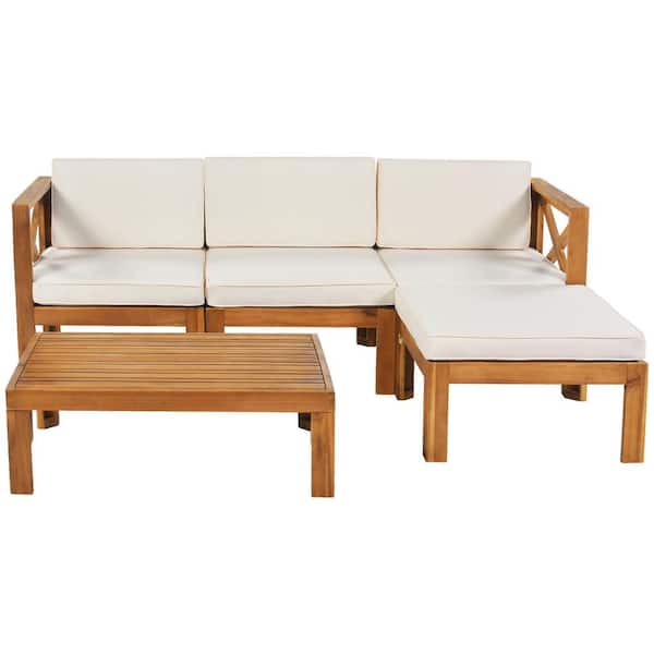 Polibi 5-Piece Patio Wood Outdoor Backyard Sectional Sofa Seating Group Set with Beige Cushions, Natural Finish