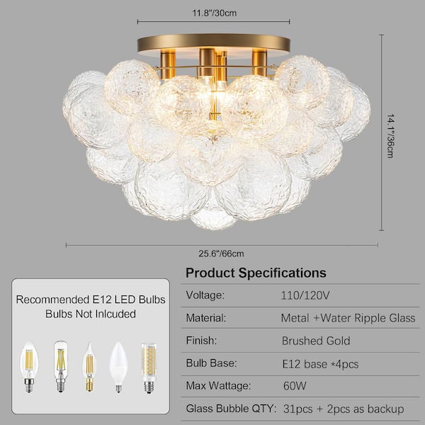 25.98 in. 4-Light Brushed Gold Industrial Semi-Flush Mount Modern Bubble Ceiling Light with Clear Hammer Glass Shade