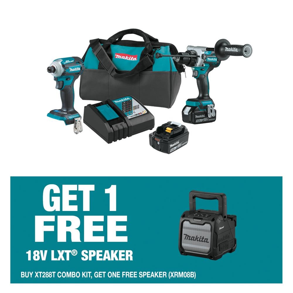 Makita 18V LXT Lithium-Ion Brushless Cordless Combo Kit 5.0 Ah (2-Piece) with bonus 18V LXT / 12V max CXT Job Site Speaker