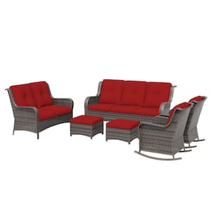 Brown 6-Piece Wicker Outdoor Patio Conversation Set with Red Cushions and Rocking Chairs