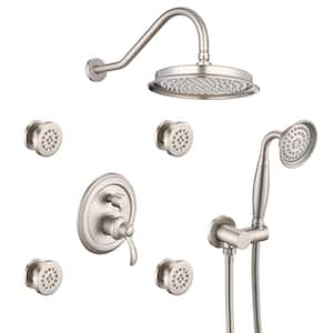 Single Handle 3-Spray Square Shower Faucet 2 GPM with High Pressure and 4-Body Spray in. Brushed Nickel
