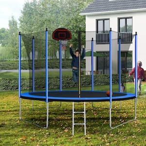 10 ft. Round Backyard Trampoline with Safety Enclosure, Basketball Hoop and Ladder in Blue